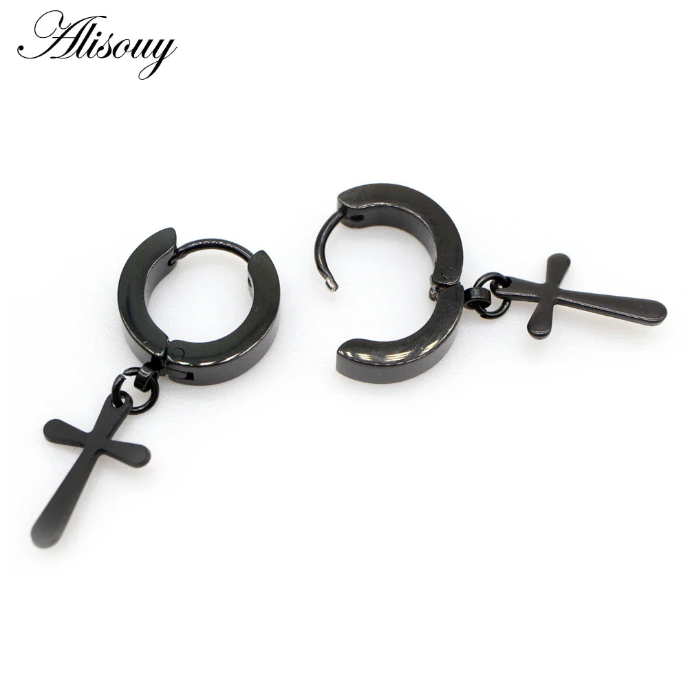 Alisouy 2 pc Men Cross Punk Dangle Earrings Gothic Woman Stainless Steel Cross Hoop Earrings Huggies Pendant Piercing jewlery