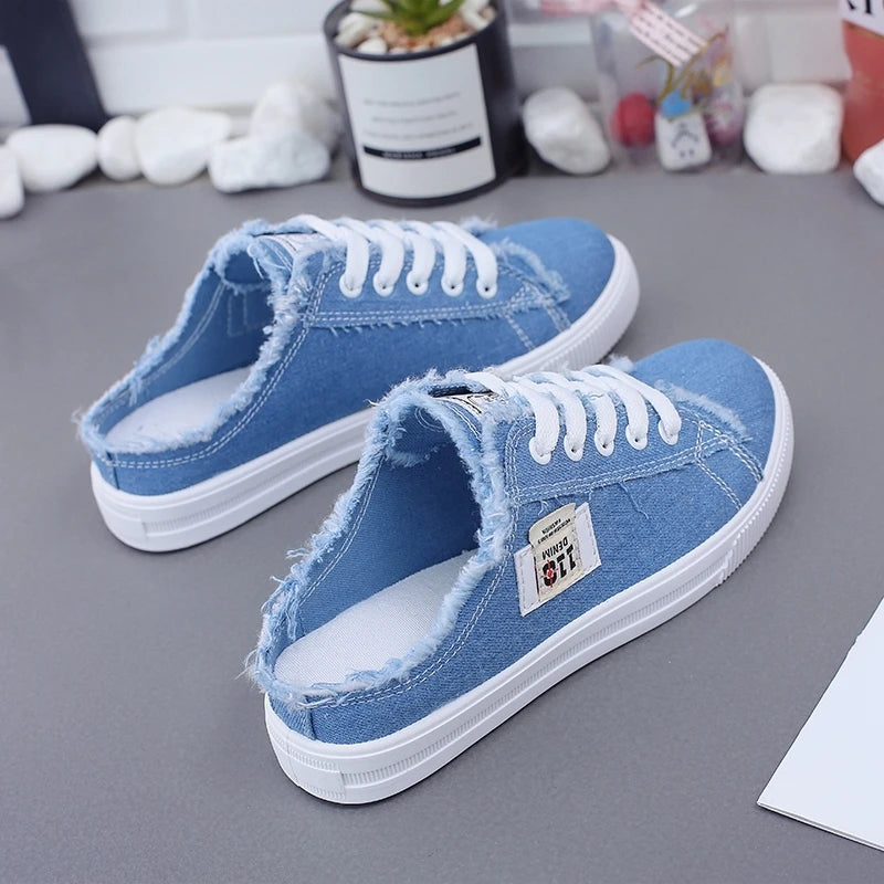 2021 Spring Summer Women Canvas Shoes Flat Sneakers Women Casual Shoes Low Upper Lace Up White Black Blue Shoes Half slippers