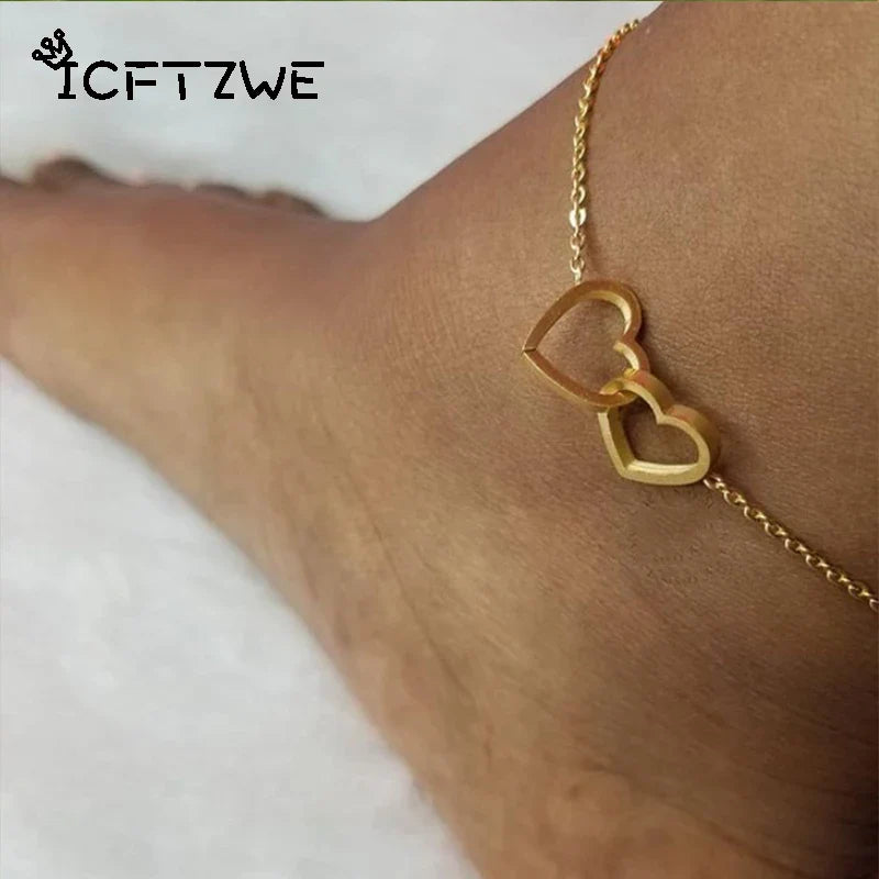 ICFTZWE Double Heart Foot Anklets For Women Stainless Steel Leg Chain Bracelet Bohemian Jewlery Accessories Gift Bijoux