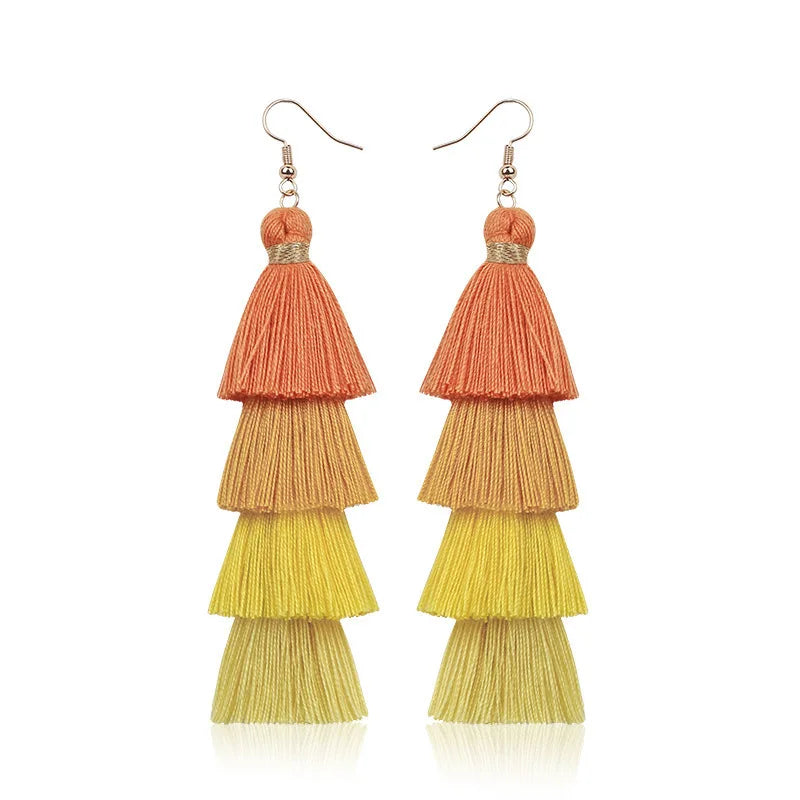 Bohemian 4 Layered Tassel Earrings For Women Ethnic Long Fringe Multi color Statement Dangle Earring GirlsFashion Jewelry