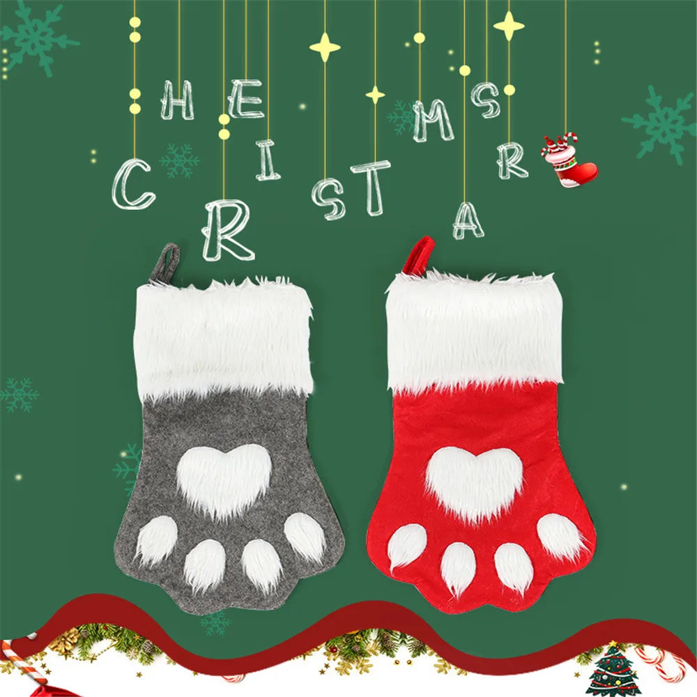 1pcs Christmas Stockings Home Decoration Accessories Plaid Christmas Gift Bags Pet Dog Cat Paw Stocking Socks Xmas Tree Ornament