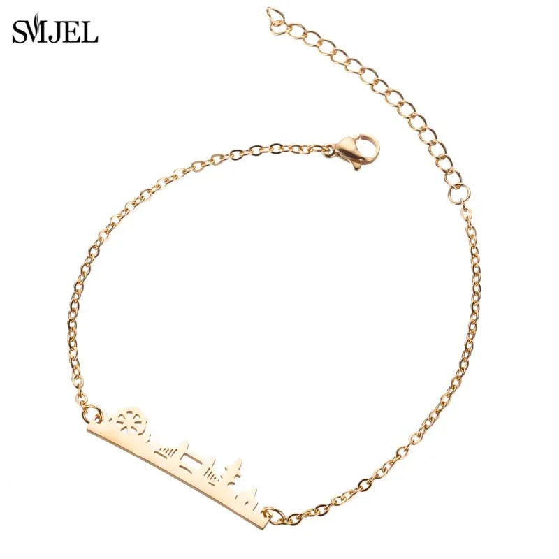 SMJEL Skyline UK London Bridge Bracelets Women Stainless Steel Gold Color Statement England Cityscape Paris Eiffel Tower Bracele