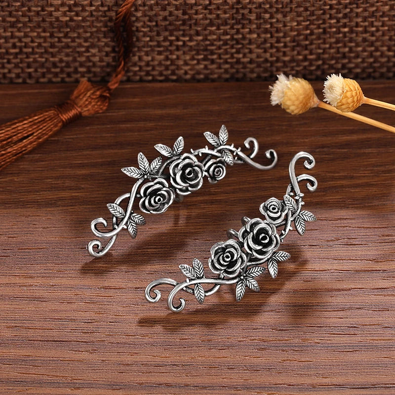 Huitan Aesthetic Flowers Clip Earrings Women Rose Floral Climbers Ear Cuffs Fake Piercing Vintage Elegant Lady Jewelry for Party