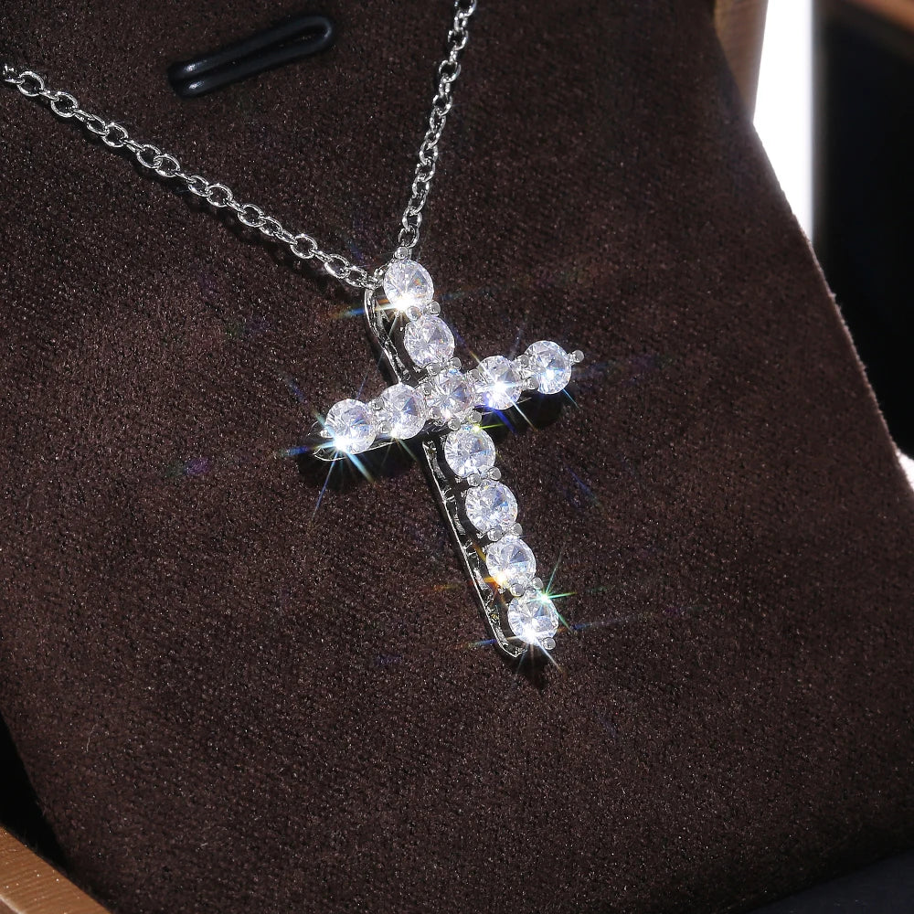 Huitan Cross-shaped Pendant Necklace Luxury Round Zirconia Delicate Accessories Anniversary Gift Women Statement Cross Necklaces