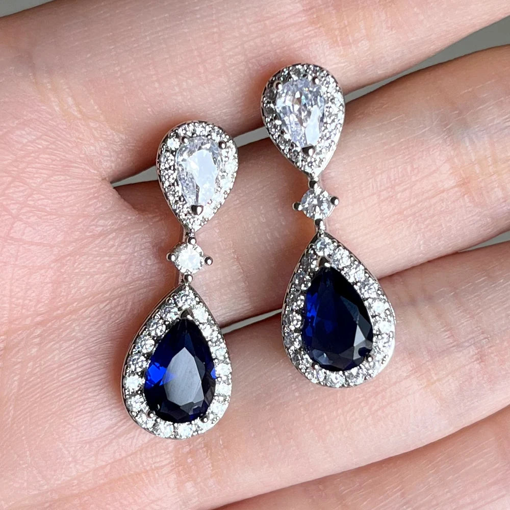 Huitan Fashion Luxury Blue/White Pear CZ Drop Earrings New Engagement Wedding Ear Accessories for Women Fancy Anniversary Gift