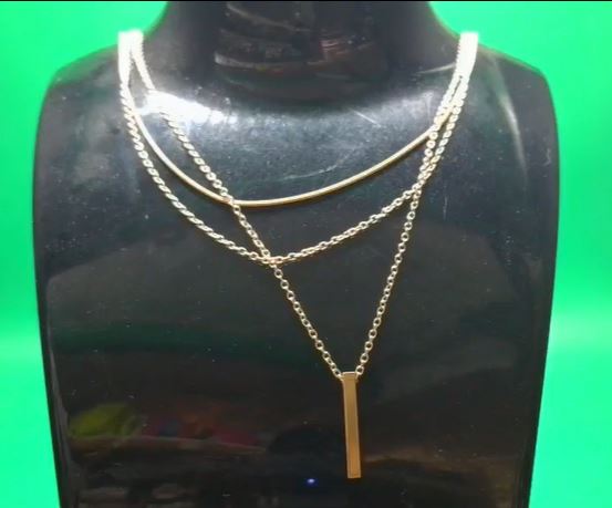 Triple-Strand Gold Layered Necklace with Vertical Bar Drop