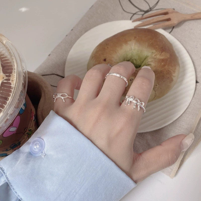 Double Bow Ring Female Minimalist Easiest for Match Sweet Cool Twin S925 Silver Plated Open Ring Ins Style Index Finger Ring Tide
