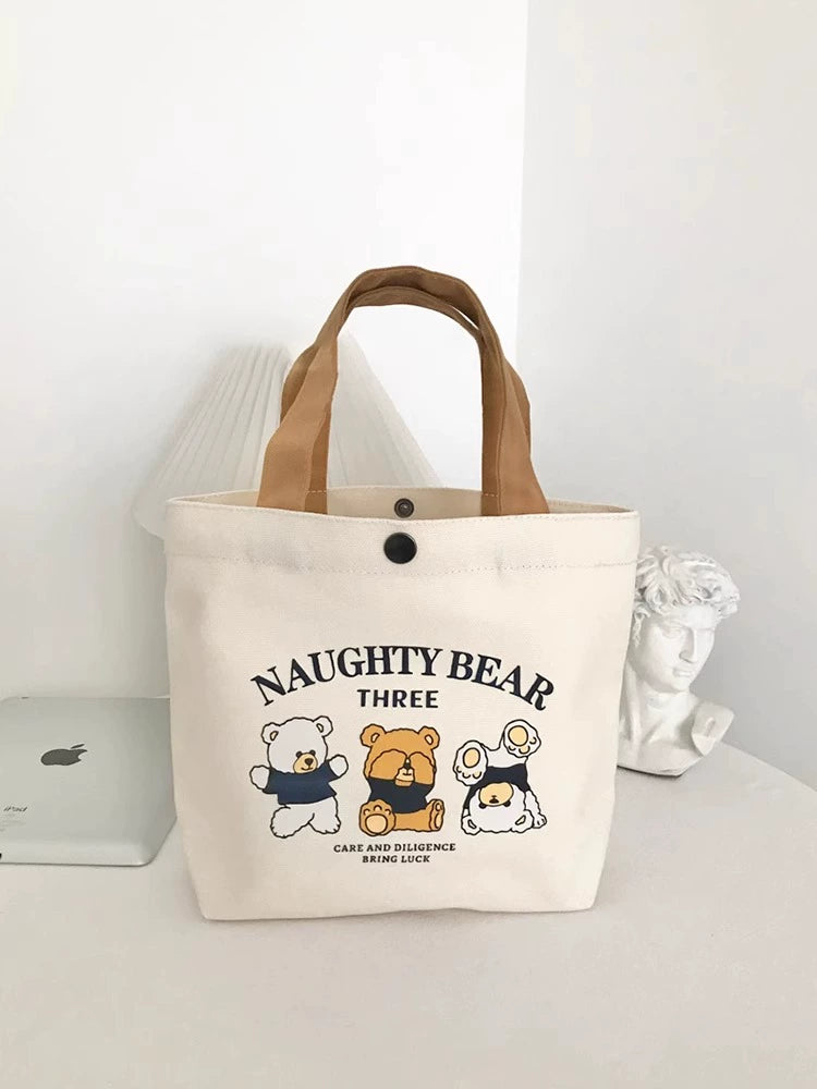 New Arrival Bear Canvas Bag Female Printed All-Matching Student Portable Work Hand Carry Lunch Bag Tote Bag Canvas Bag