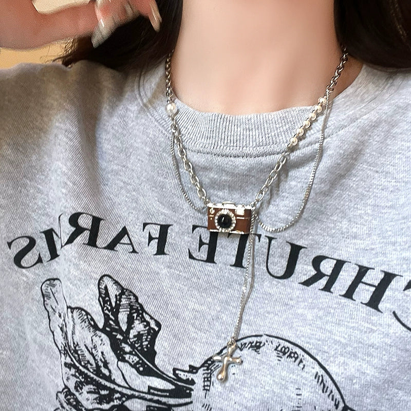 Brown Women's Sweet Cool Sexy Style Pearl Sweatshirt Necklace