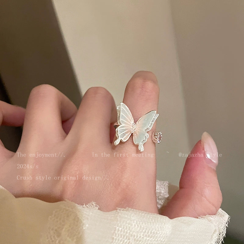 Niche Style Colorized Butterfly Women Index Finger Ring Summer Zircon