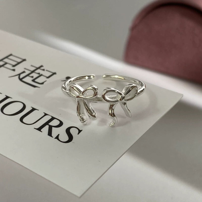 Double Bow Ring Female Minimalist Easiest for Match Sweet Cool Twin S925 Silver Plated Open Ring Ins Style Index Finger Ring Tide
