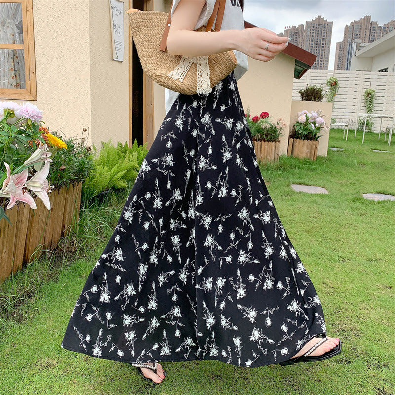 Floral Large Swing Half-length Tight Waist Umbrella Skirt Chiffon