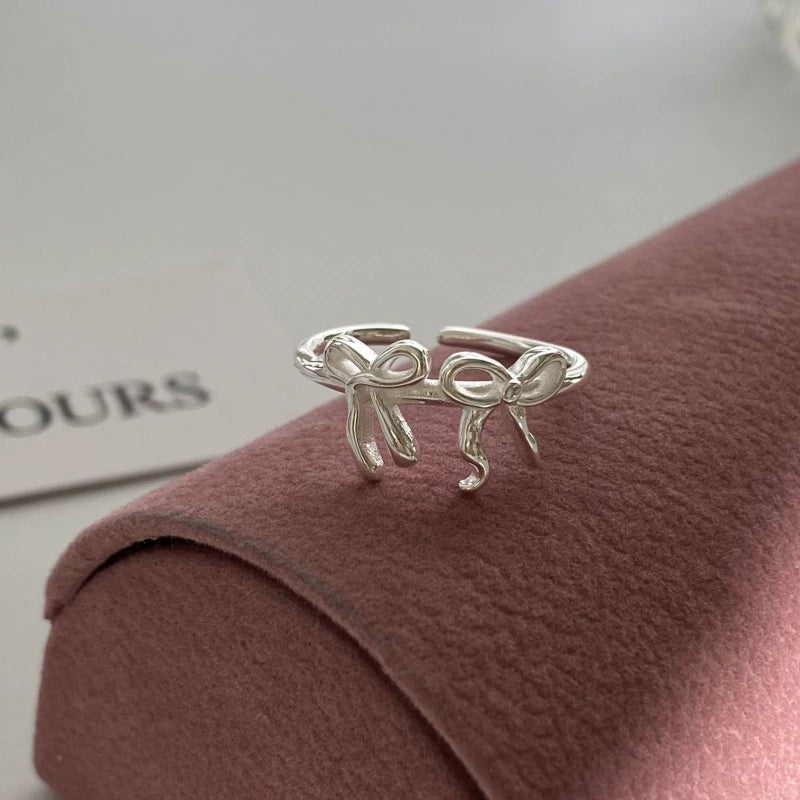 Double Bow Ring Female Minimalist Easiest for Match Sweet Cool Twin S925 Silver Plated Open Ring Ins Style Index Finger Ring Tide