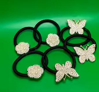 Crystal Butterfly & Pearl-Flower Hair Tie Set (6-Pack)