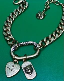 Vintage Gold "Gucci Style" Tiger Head & Heart Charm Curb Bracelet