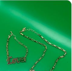 Gold Paperclip Link "Love" Script Necklace & Bracelet Matching Set
