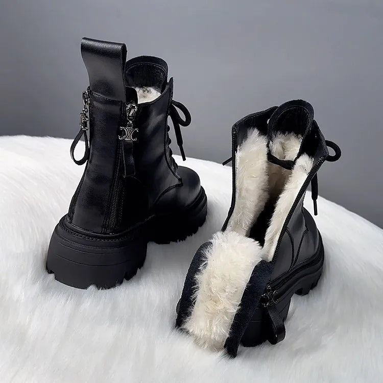 Snow Boots For Women  Female Shoes Winter Footwear Boots-Women Plush Round Toe Flat Heel Leather Lolita Ladies Med 2023 Fur