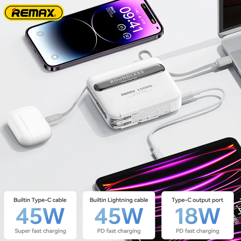 Remax 15000mAh PD45W Powerbank With Type C Cable for Phone Laptop iPad Macbook External Battery Fast Charger Adapter AC Plug