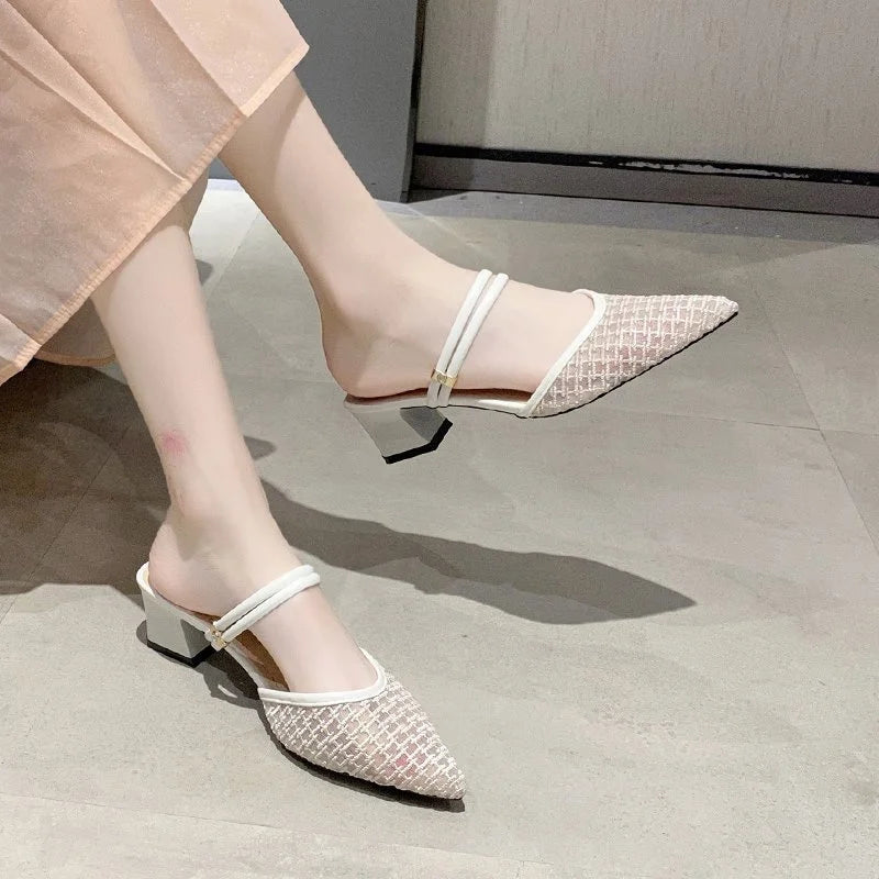 2024 Spring and Autumn New Style Fashionable, Comfortable, Casual and Versatile Sandals Pointed Toe Thin Heels Mesh Slippers