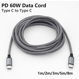 PD 60W Type C to Type C Cable Fast Charge Dual USB C Data Wire For Samsung Xiaomi Huawei Extra Long 3/5/8m Data Cord Nylon Braid