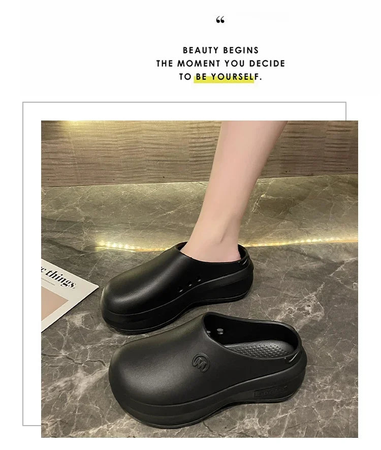 New Women's Hole Shoes Summer EVA Thick Sole Elevated Sandals Comfortable Anti Slip Baotou Beach Garden Shoes Indoor Slippers