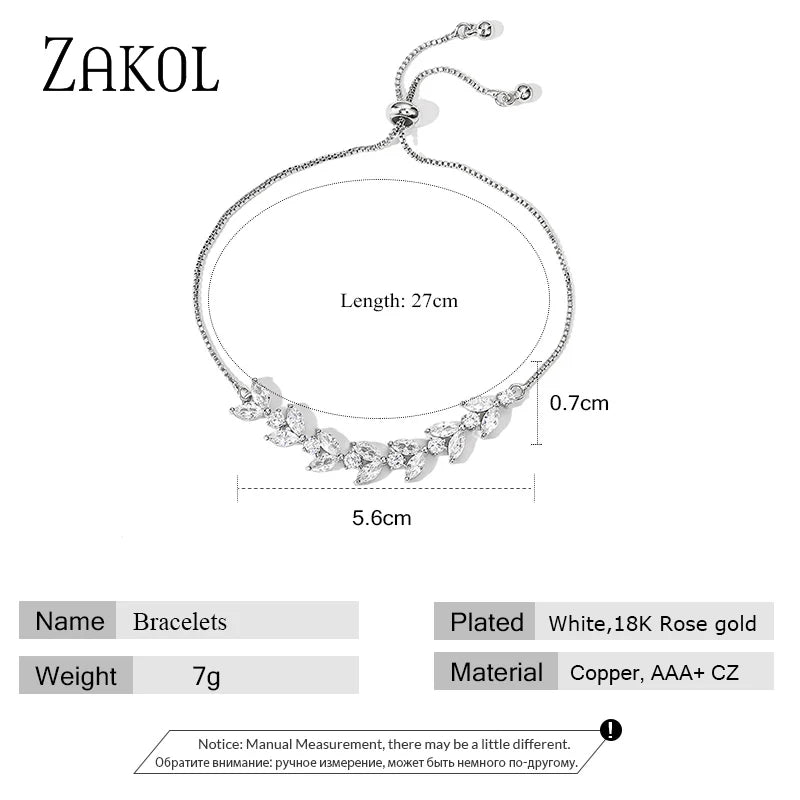 ZAKOL Fashion Leaf Zircon Adjustable Bracelets for Women Bride Wedding Jewelry