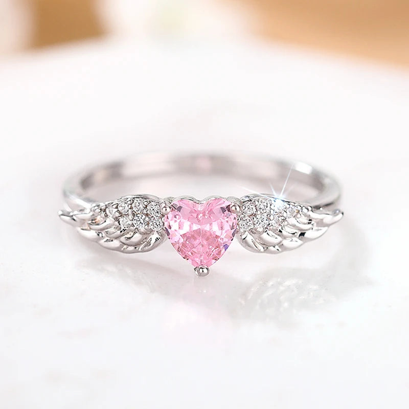 Huitan Chic Angel Wing Ring Female Engagement Jewelry Romantic Heart Pink Zirconia Finger Accessories Delicate Love Accessories