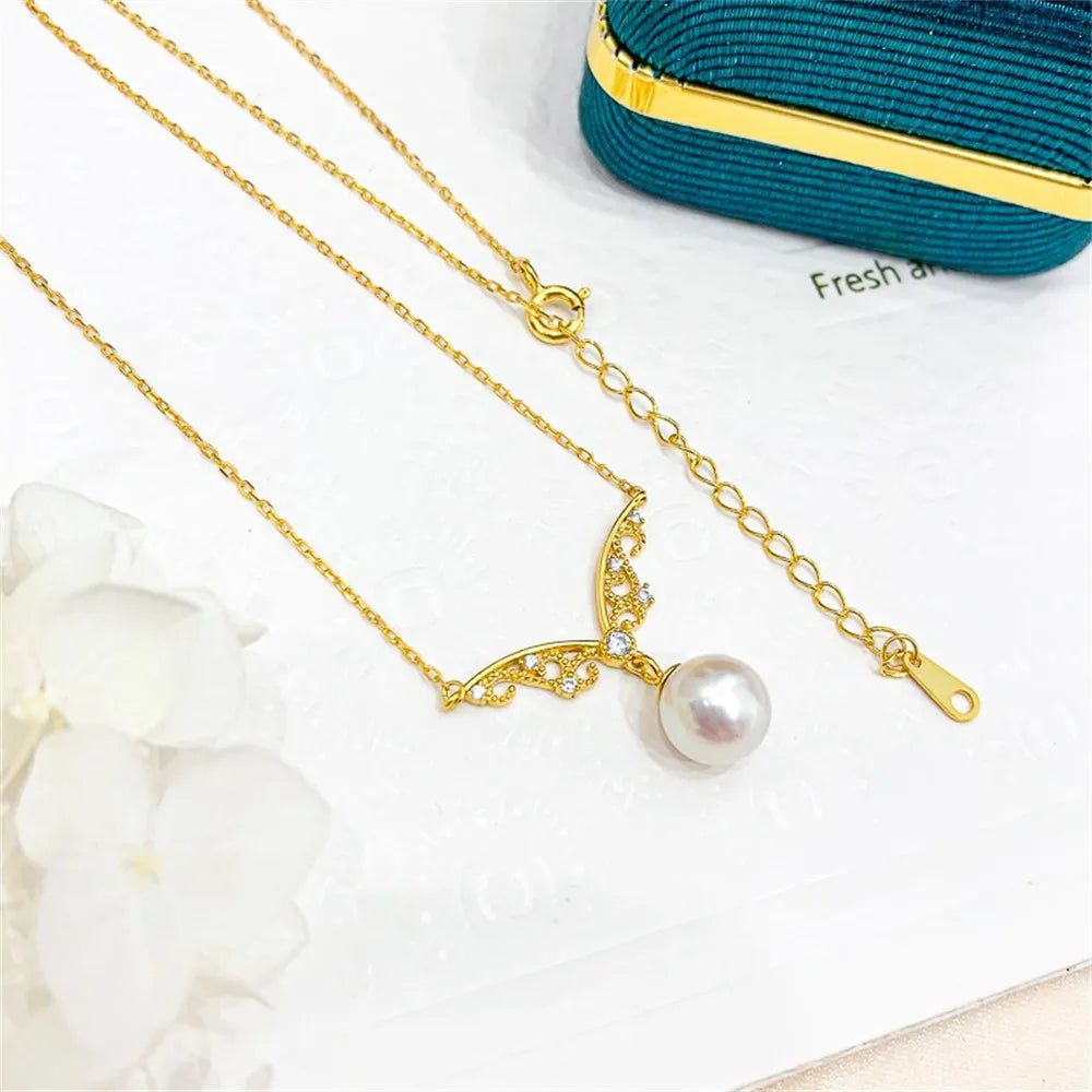 Diy pearl accessories s925 pure silver set chain empty support fashion pendant with silver chain women's 8 12mm round l036