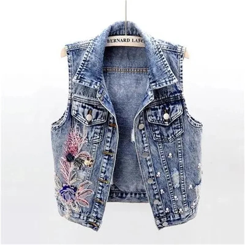 2024 Denim Women Vest Pearl Fashion Ripped Autumn Jeans Jacket Sleeveless Loose Short Coat Streetwear Beaded Flower Denim Vest