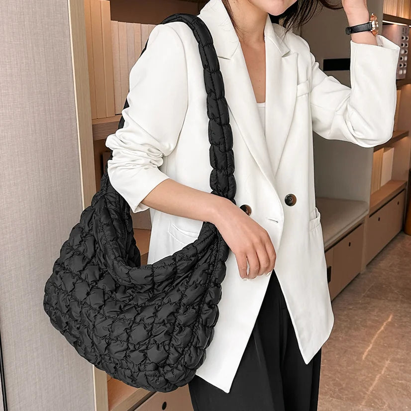 Ladies Crossbody Bag Quilted Pleated Satchel Bag Fashion Cloud Bag Women Girl Large Capacity Cotton Padded Tote Bag For Vacation