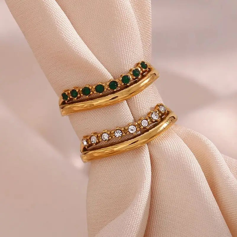 E.B.belle Stainless Steel Jewelry Trendy Micro Paved Rhinestone Multiple Layer Wedding Party Rings For Bridal Gold Plated Ring