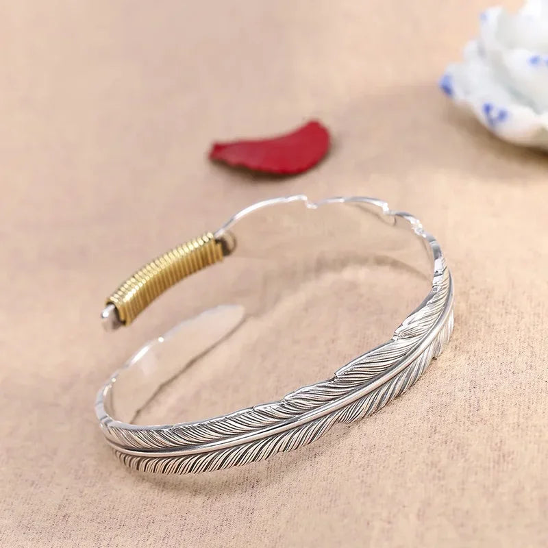 Real Silver Fashion Handmade Feather Open Bangle Men Women S999 Sterling Sliver Punk Bracelets Fine Jewelry Gift