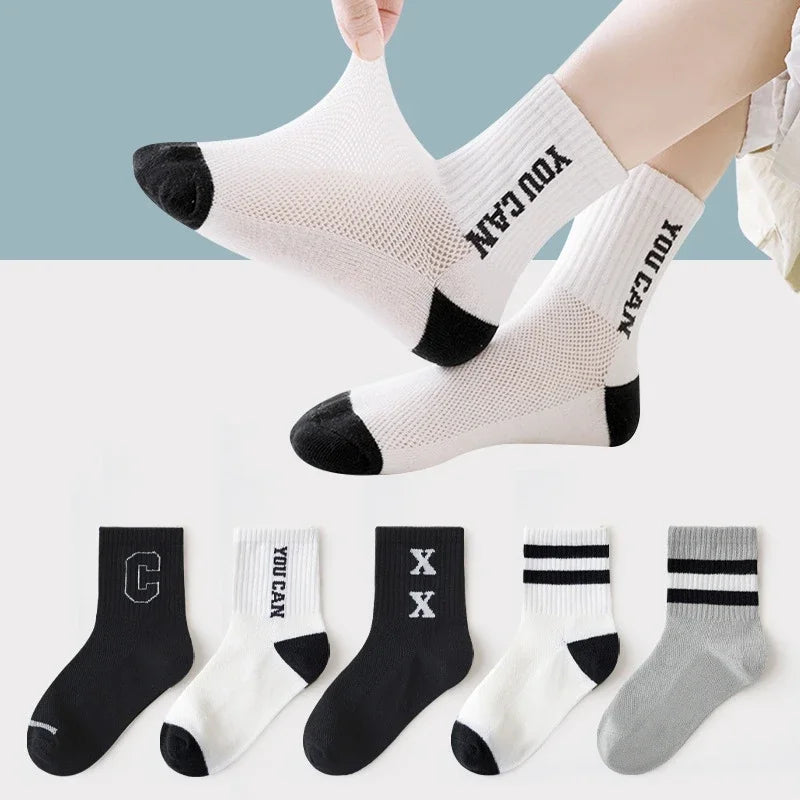 5 Pairs Spring Summer Kids Fashion Mid-calf Socks Cotton Mesh Girls Boys School Sports Long Socks Children Clothing Accessories