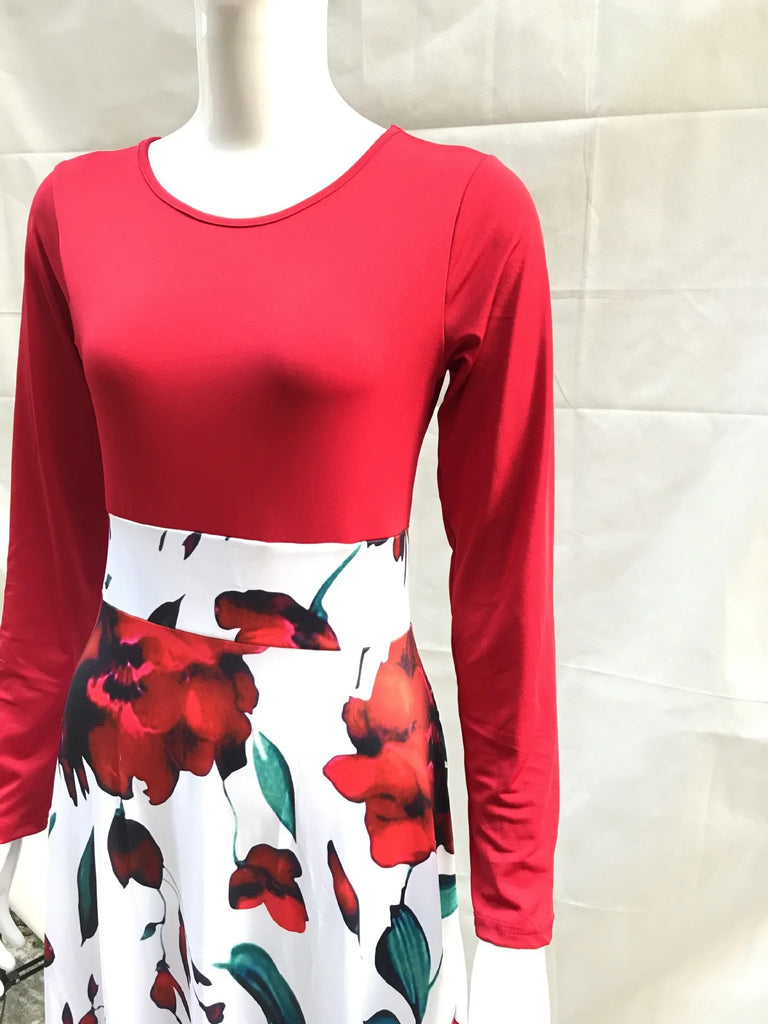 Autumn hot selling European and American flower color matching dresses, long dresses, women's clothing in stock