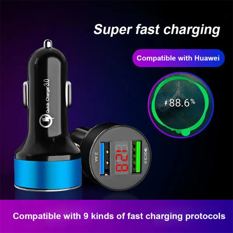 Dual USB QC3.0 Car Charger LED Voltmeter Portable Adapter Durable Universal Cigarette Lighter For Mobile Phones Auto Accessories