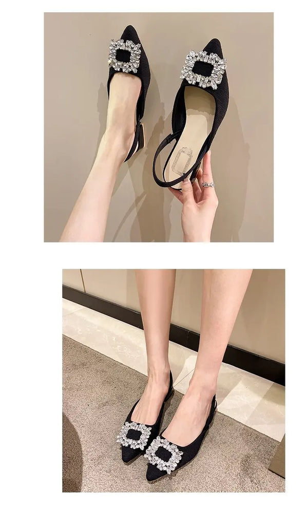 Beige Heeled Sandals Clear Shoes 2023 Women's Black Rhinestone Medium Pointed Closed New Spring Gladiator Block Girls