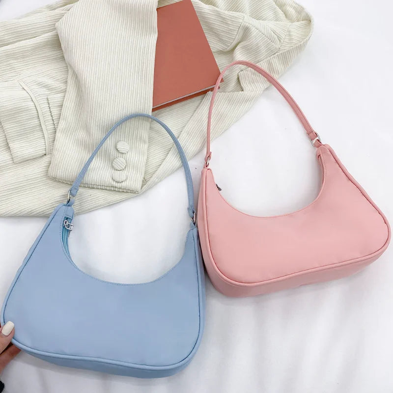 Fashion Simplicity Solid Color Shoulder Bag Women Underarm Bag Ladies Top-handle Clutches Black Beige White Pink Handbag Pouch
