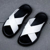 2023 Fashion Men Real Leather Slippers Summer New Black White/red/yellow Cross Over Slippers Men's Leisure Comfort Flat Sandals