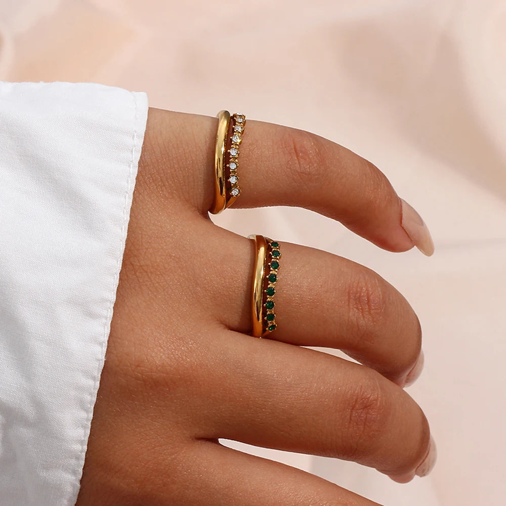 E.B.belle Stainless Steel Jewelry Trendy Micro Paved Rhinestone Multiple Layer Wedding Party Rings For Bridal Gold Plated Ring