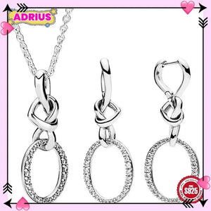 Authentic 925 Sterling Silver Knotted Heart Earring Necklace With Crystal Fit Original Bracelet Jewelry Set Women Gift