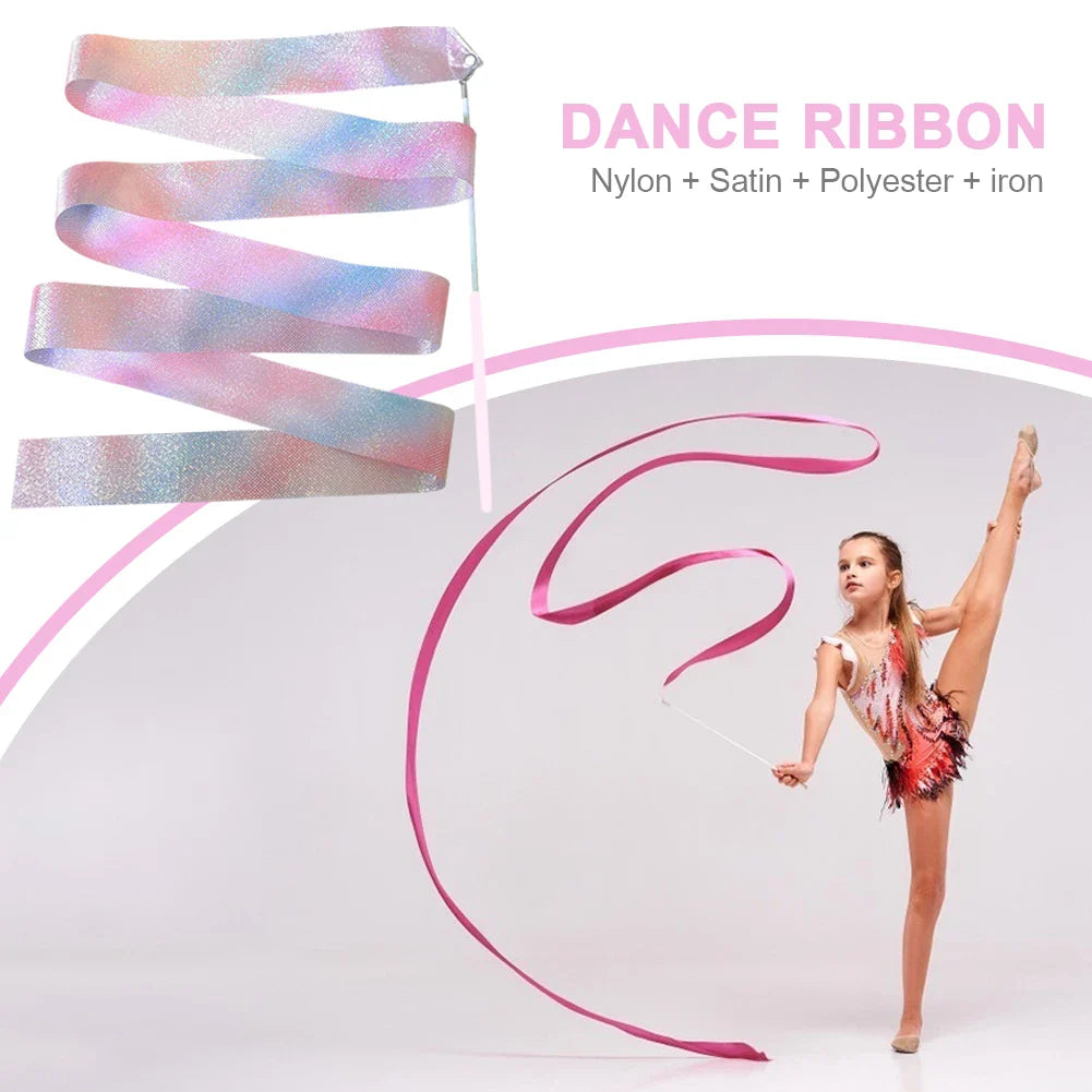 2M/4M /6M Art Gymnastics Ballet Dance Ribbon with Twirling Stick Kid Flashing Glitter Sport Performance Strip Stage Show Prop