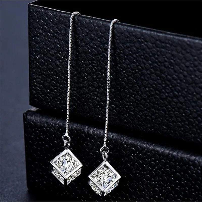 JewelryTop Elegant Fine 925 Sterling Silver Earrings Charms Cube Love Zirconia Sugar Drop  Chain Long Tassel