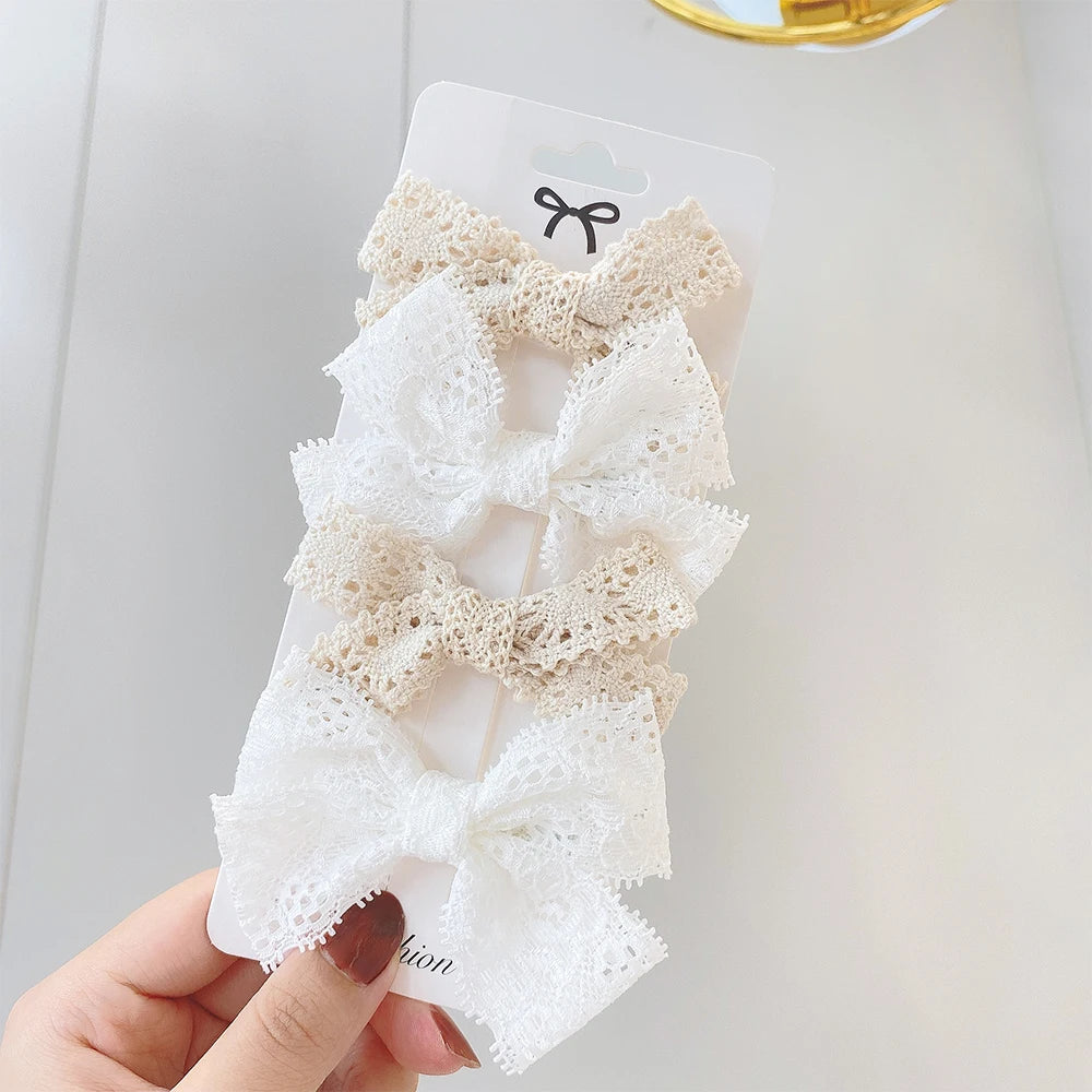 4Pcs/Set Sweet Lace Printed Bowknot Hair Clips For Cute Girls Handmade Hairpin Boutique Barrettes Headwear Kids Hair Accessories