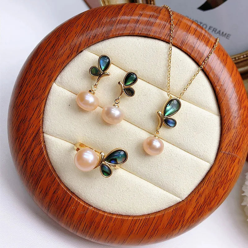 one set freshwater pearl abalone shell white gray yellow black pink purple  ring/earrings/pendant/ butterfly