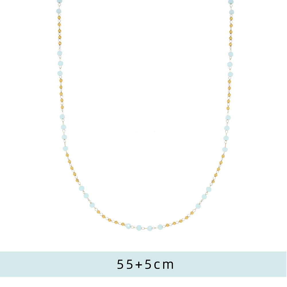 Light Blue Glass Handmade Bead Chain Necklace Women Stainless Steel Plated 18k Gold Creative Charm European Party Jewelry