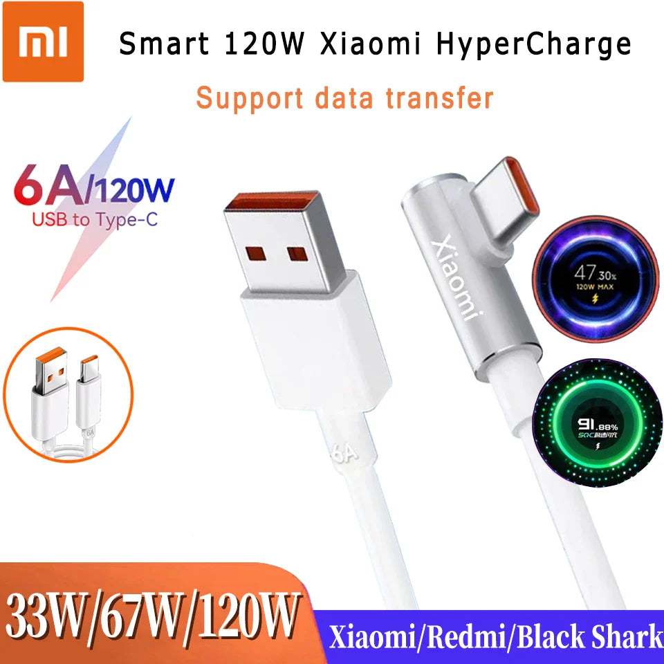 Original Xiaomi 120W 6A USB Type C Cable 90 Degree Elbow L Sharpe Angle Super Fast Hyper Charger Mi 12 11 Redmi Note 10 POCO X4