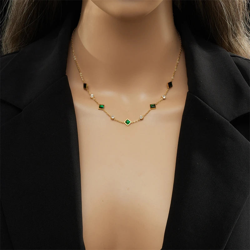 MEYRROYU 316Stainless Steel Green Stone Pendant Necklace For Women Luxury Rhinestone Boho Style Party Wedding Jewelry