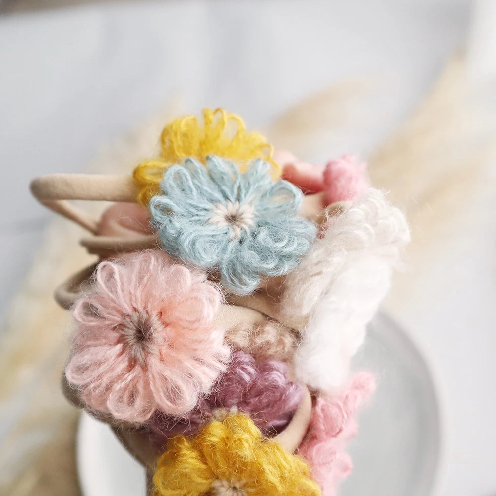 1.6in Woolen Flowers Baby Girls Nylon Headbands Handmade Kid Elastic Hairbands Children Hair Accessories Vintage Toddler Winter