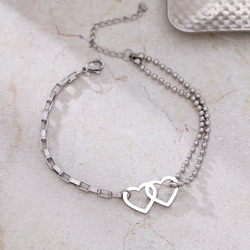 Stainless Steel Bracelets Sweet Hearts Unique Stacked Bead Chain Girls Charms Fashion Couple Bracelet For Women Jewelry Gifts