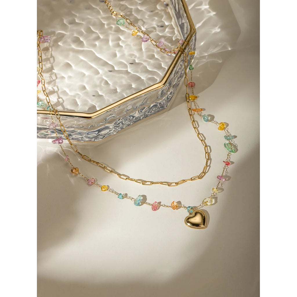 18K Gold Plated Minimalist Double Layer Chain Hanging Love Heart Necklace Inlay Colored Gravel Stainless Steel Delicate Jewelry